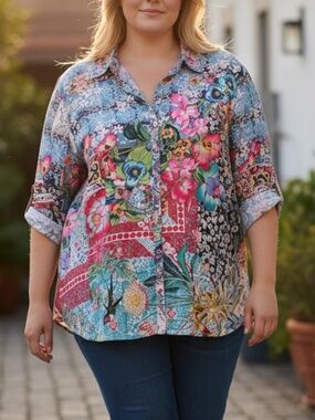 JOHNNY WAS Multi Floral Rayon Blouse Tropical Button Front Roll Tab Sleeves 1X